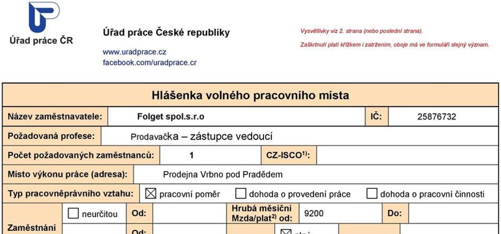 hlášenka volného pracovního místa